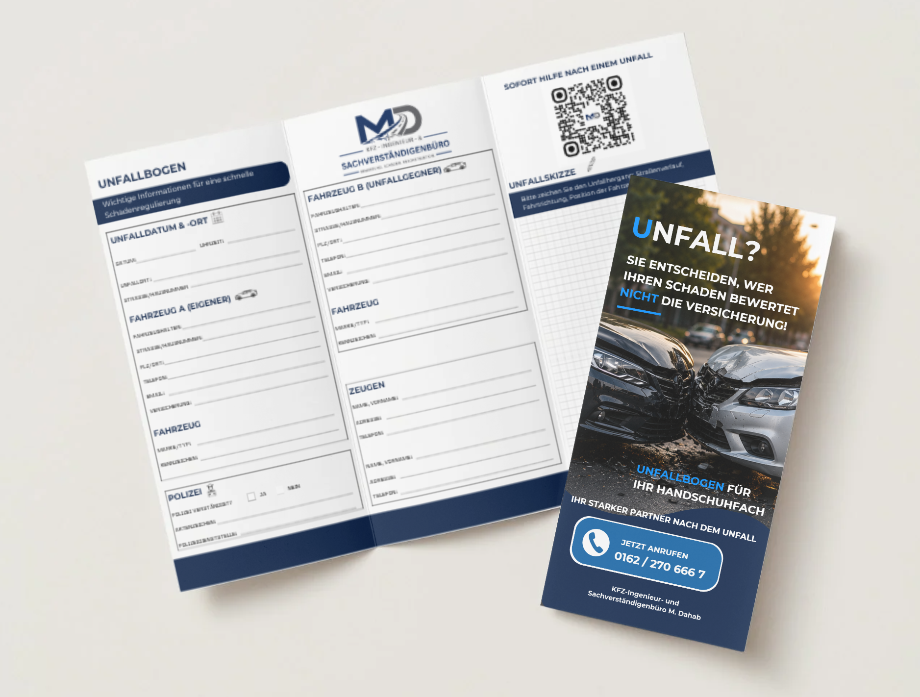 Info-Flyer mit Unfallbogen und Verhaltenshinweisen fürs Handschuhfach