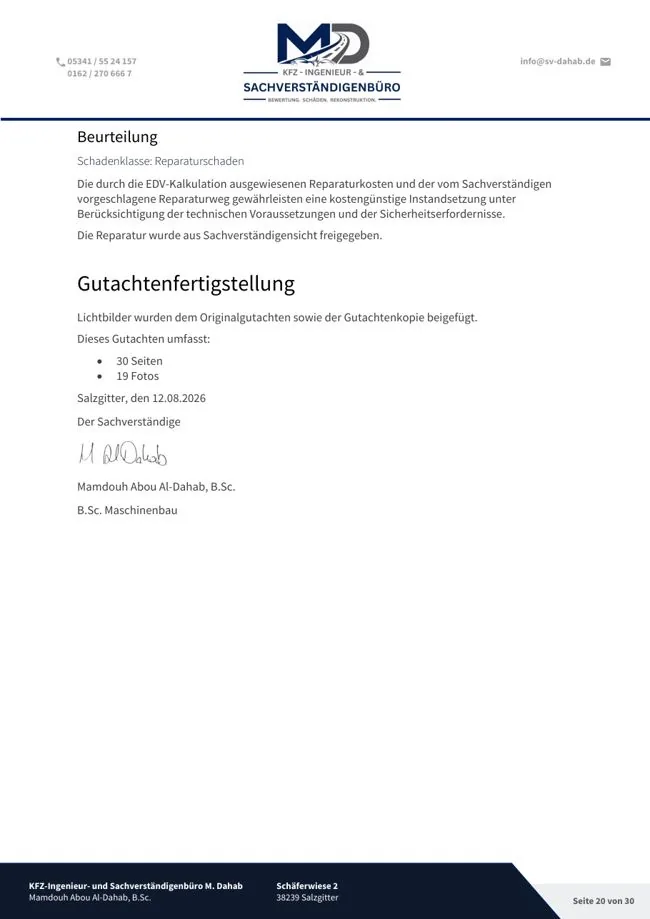 Fachliche Beurteilung und Fertigstellung eines Kfz-Gutachtens