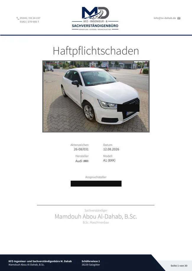 Deckblatt eines Kfz-Gutachtens, anonymisiert