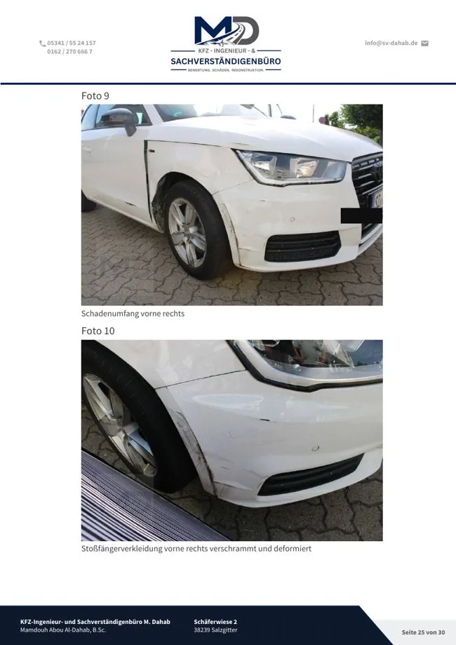 Fotoanlage eines Kfz-Gutachtens mit dokumentierten Schäden, anonymisiert